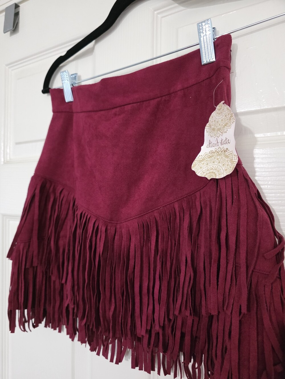 Altar’d State Burgandy Fringe Faux Suede Skirt size Medium NWT